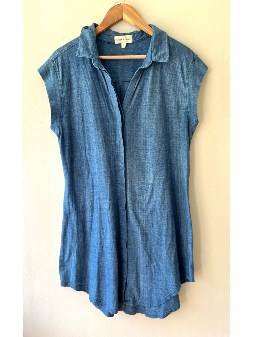 Cloth‎ & Stone Sz L Blue Buttery Soft Cotton Collared Shirt Dress Button Down